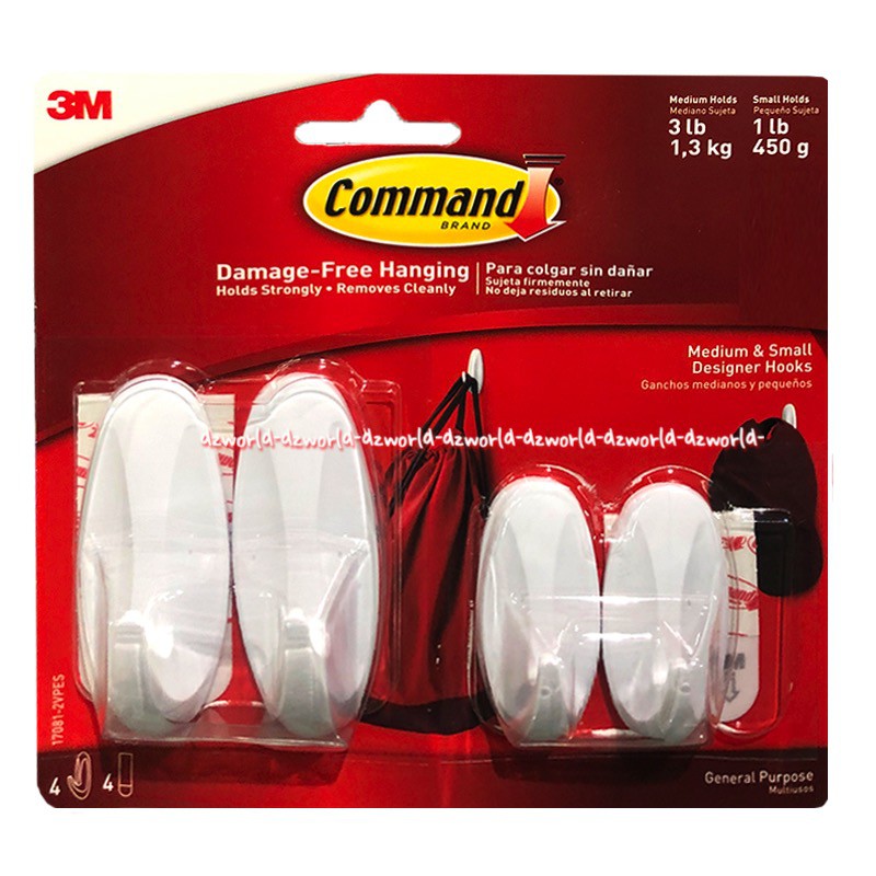 3M Command Medium Small Designer Hooks Alat Tempat Kecil 4pcs