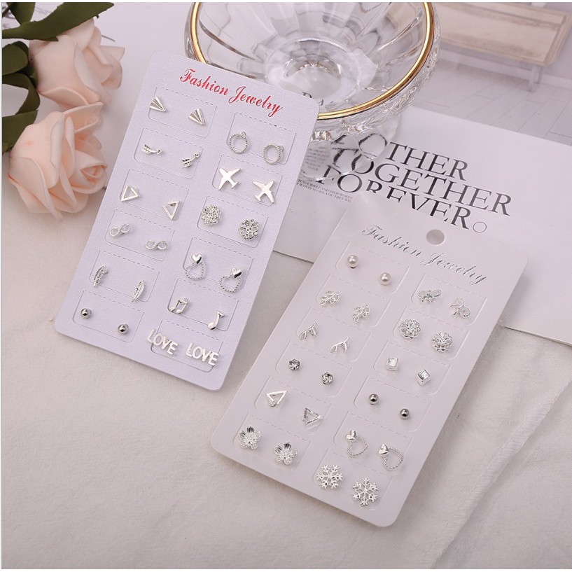 12 Pasang Anting Tindik #04 SILVER Tusuk Set Korea Fashion Stud Earrings Gaya Korea Fashion Korean