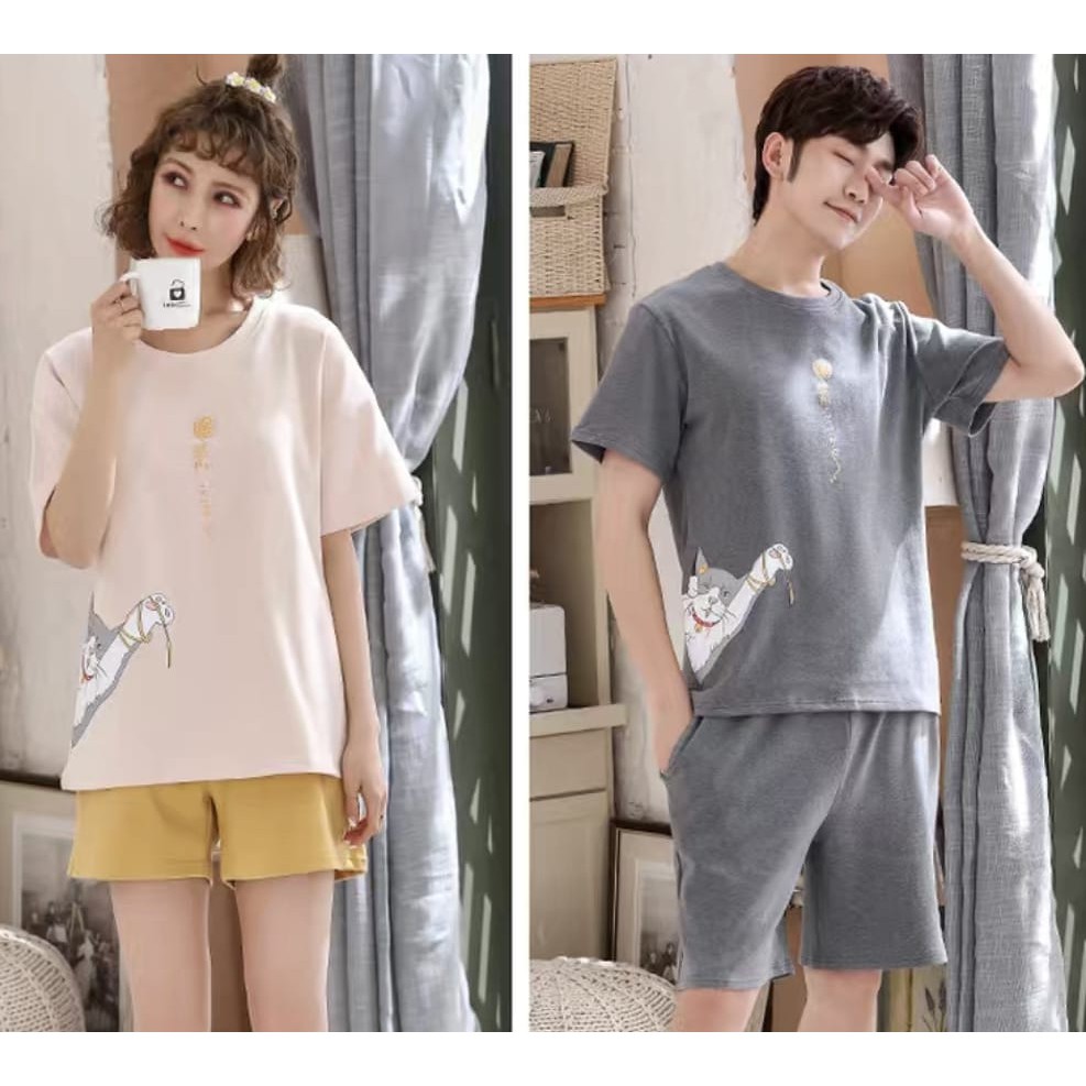 BAJU TIDUR PIYAMA LAKI LAKI PEREMPUAN COUPLE HP KAOS ADEM HALUS LEMBUT IMPORT BERKUALITAS LENGAN PENDEK SETELAN CELANA PENDEK WARNA CERAH TERBARU SIZE M-XXXL FIT TO 85KG