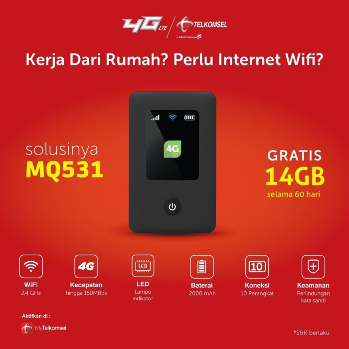 Spesial Modem Mifi Wifi MQ531 Telkomsel 4G LTE 14GB UNLOCK All Operator GSM terbaik