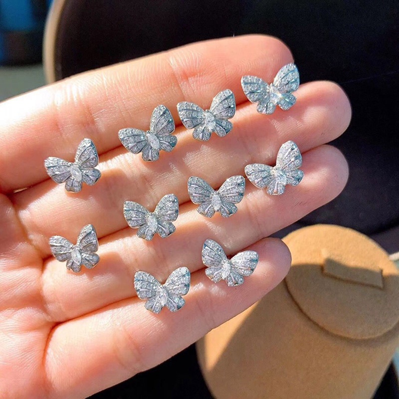 Anting Stud Desain Kupu-Kupu Aksen Kristal Untuk Wanita