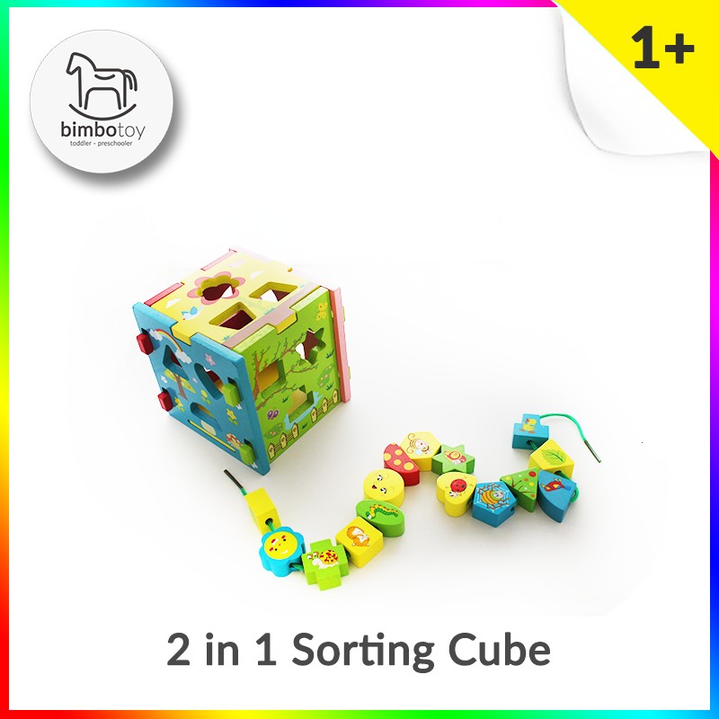 Bimbozone - Mainan Kayu edukasi PAUD Kotak Sortasi Bentuk | 2 in 1 Sorting Cube