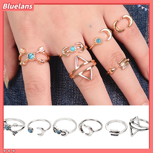 Bluelans 6Pcs Turquoise Arrow Moon Triangle Above Knuckle Ring Mid Finger Tip Stack Rings