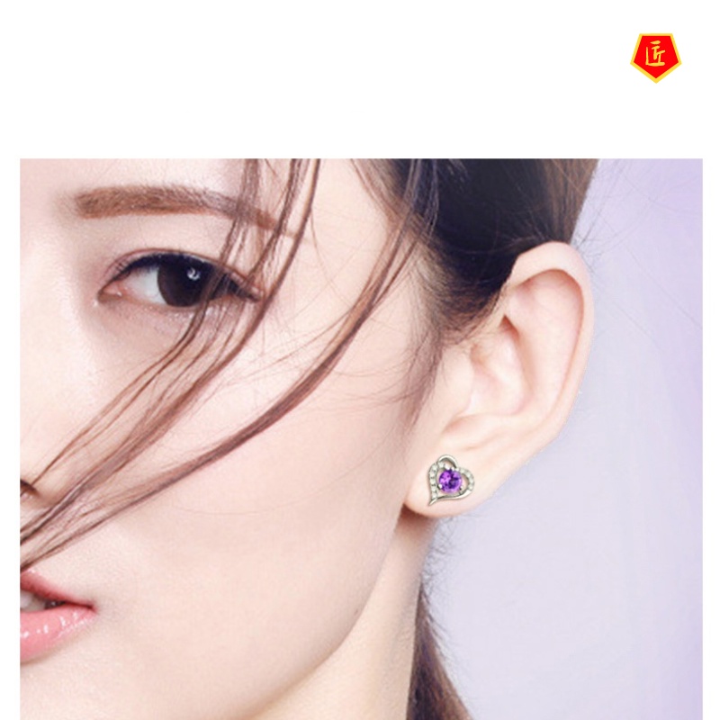 [Ready Stock]Silver Heart-Shaped Amethyst Stud Earrings for Women