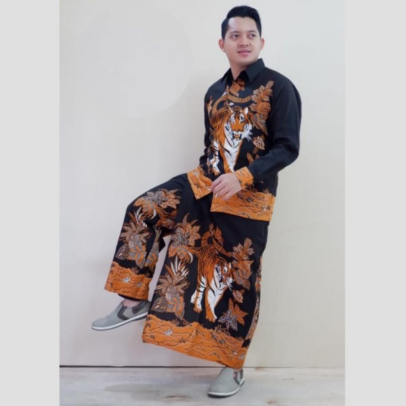 Setelan Celana Sarung Batik Pria Dewasa Kemeja Lengan Panjang Pendek Katun Halus Prima Motif Macan S