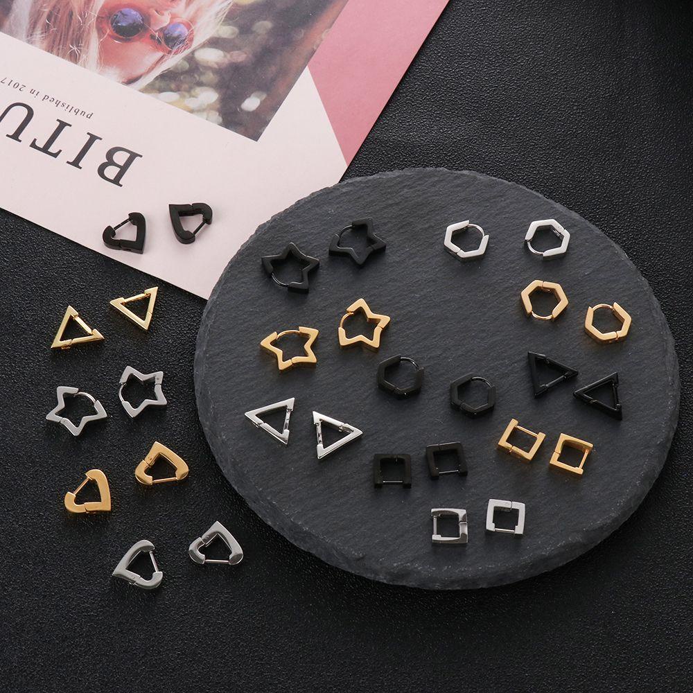 Anting Hoop Tindik Telinga Bentuk Bintang Hati Poligon Bahan Stainless Steel Warna Emas Perak Hitam Untuk Wanita