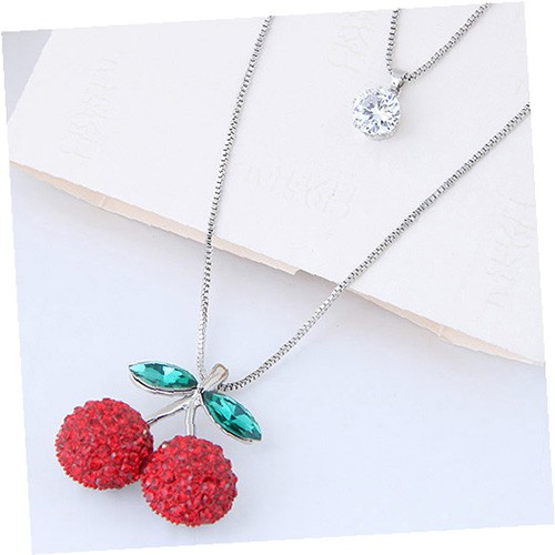 LRC Kalung Sweet Red Cherry Shape Pendant Decorated Double Layer Necklace A47573