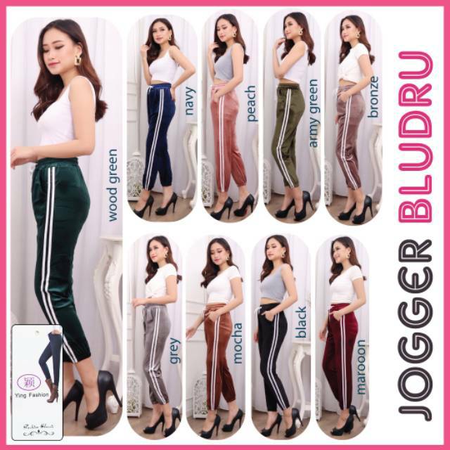 Jogger velvet bludru wanita / Jogger lis putih / jogger stripe putih / Jogger Wanita