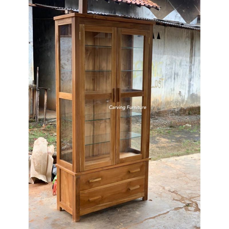 lemari hias minimalis jati rak buku kaca lemari pajangan