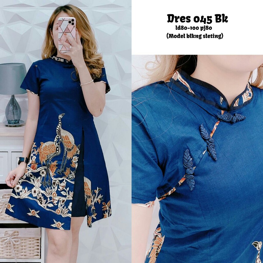 Dress Cheongsam Wanita   Tionghoa Shanghai Imlek Batik Bird Navy 045