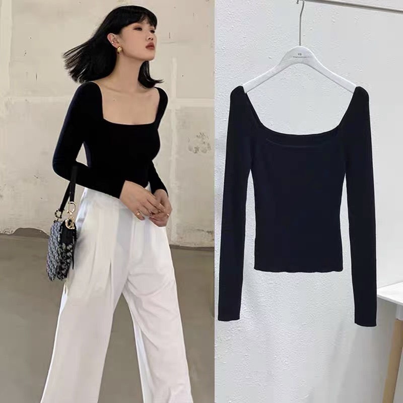#Sisjuly# Sexy swan neck menebal ketat T-shirt hitam leher persegi bottoming kemeja top short