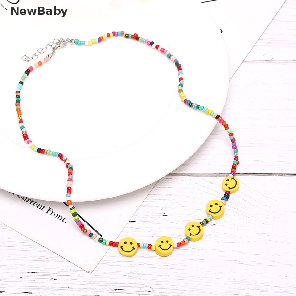 Kalung Choker Rantai Manik-Manik Motif Smiley Face Warna-Warni Gaya Boho Untuk Wanita