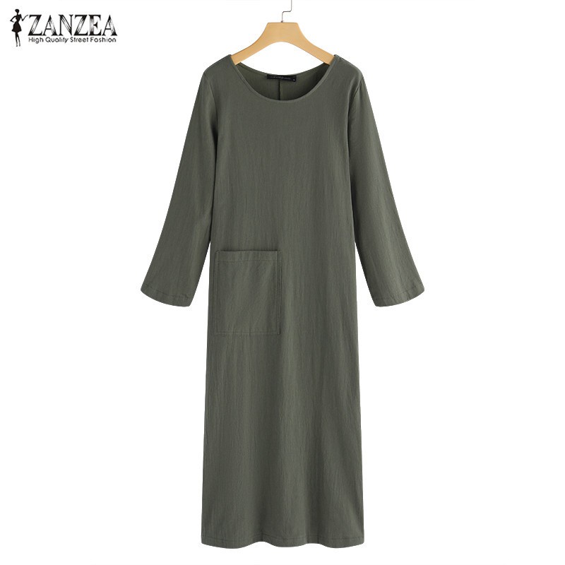 ZANZEA Womens Plus Size 3/4 Sleeve Loose Cotton Long Dress