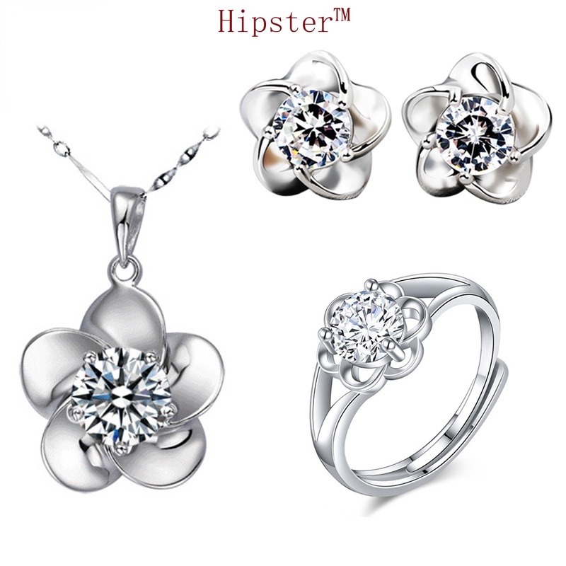 New Fashion Trendy Moissanite Diamond Ring Temperament Blooming Plum Stud Earrings Petal Clavicle Chain Jewelry Set