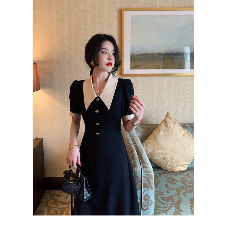 [littlecrab] Dress Panjang Lengan Pendek Berkerah Kancing Kayu X Biru Dongker Hitam Two Tone Long Dress Kerja Acara Simple Elegan Berkualitas Simply Korean Style