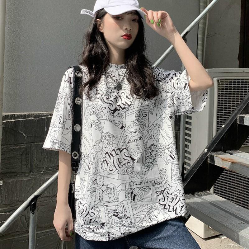  Kaos  T Shirt Korea Hip Hop Longgar Lengan Pendek Motif  