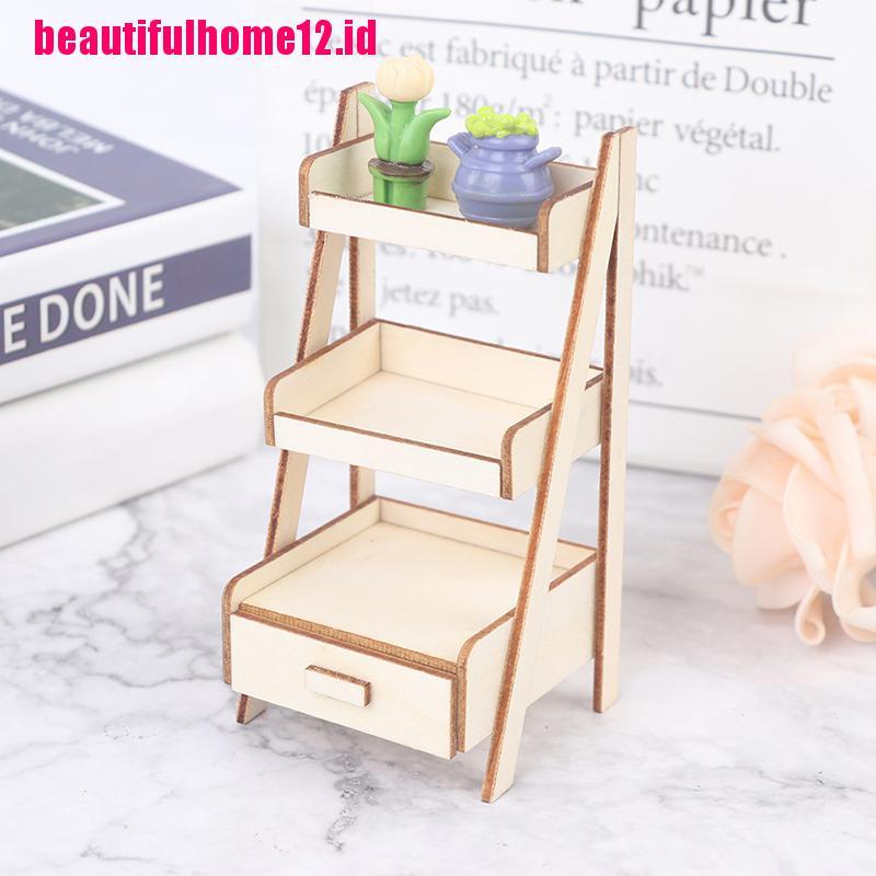 【beautifulhome12.id】1:12 Dollhouse Miniature Wood Shelf Flower Stand Doll House Furniture Model Toy