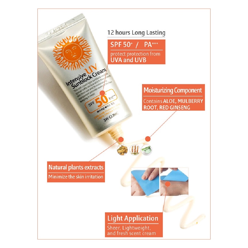 3W Clinic Intensive UV Sunblock Cream SPF 50+ PA+++ 70ml Sunscreen Sun Cream Korea Sun Block ORI HOT