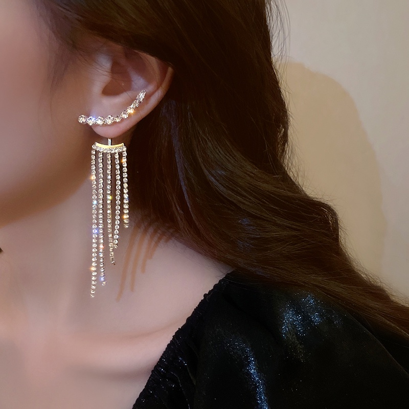 1 Pasang Anting Stud Tassel Panjang Aksen Berlian Imitasi Untuk Wanita