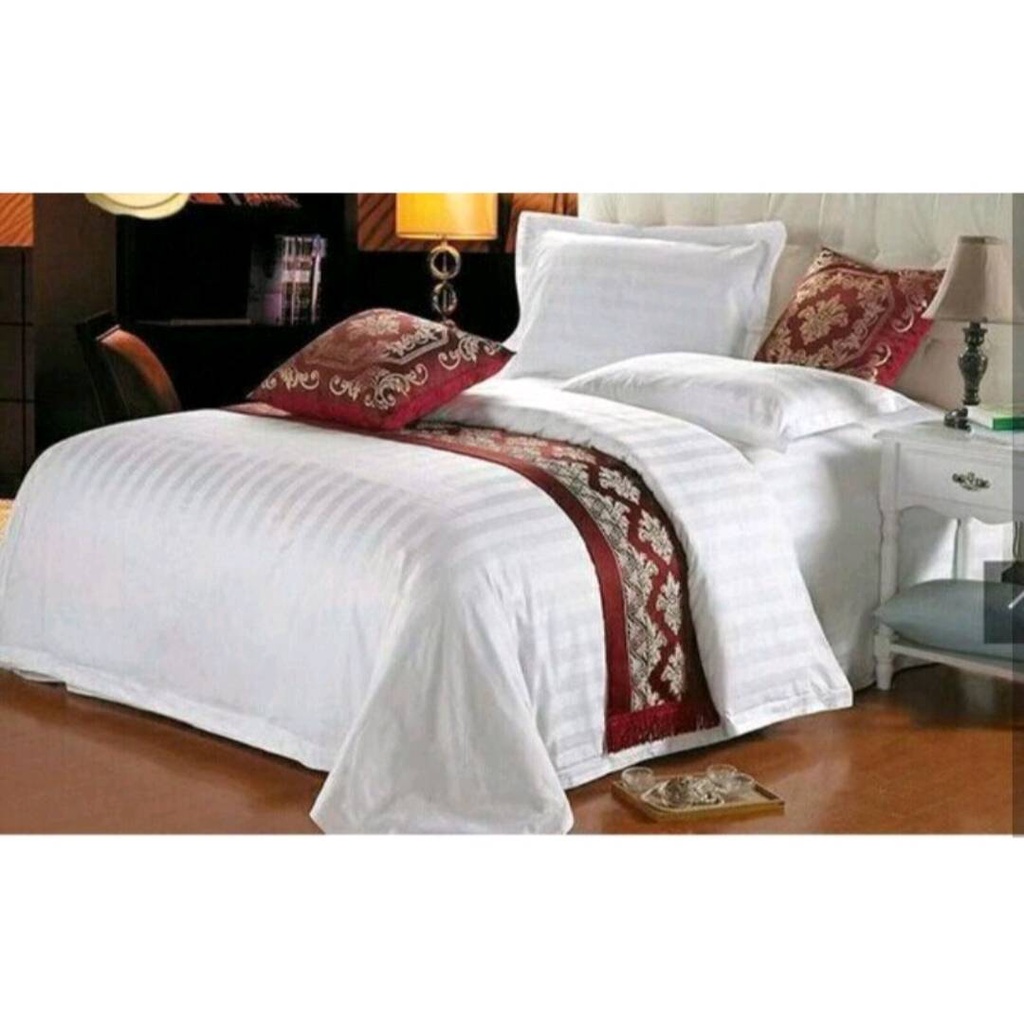 Sprei Set Katun Premium Salur Putih