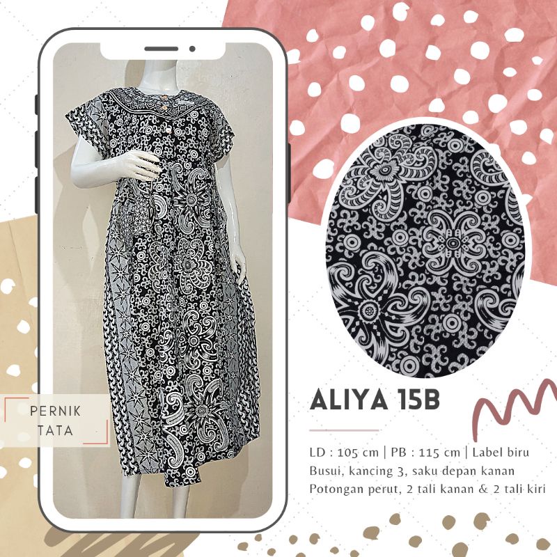 Daster Cantik Batik HAP Solo Seri ALIYA Motif Monokrom Warna Hitam Putih dengan Tali Pinggang