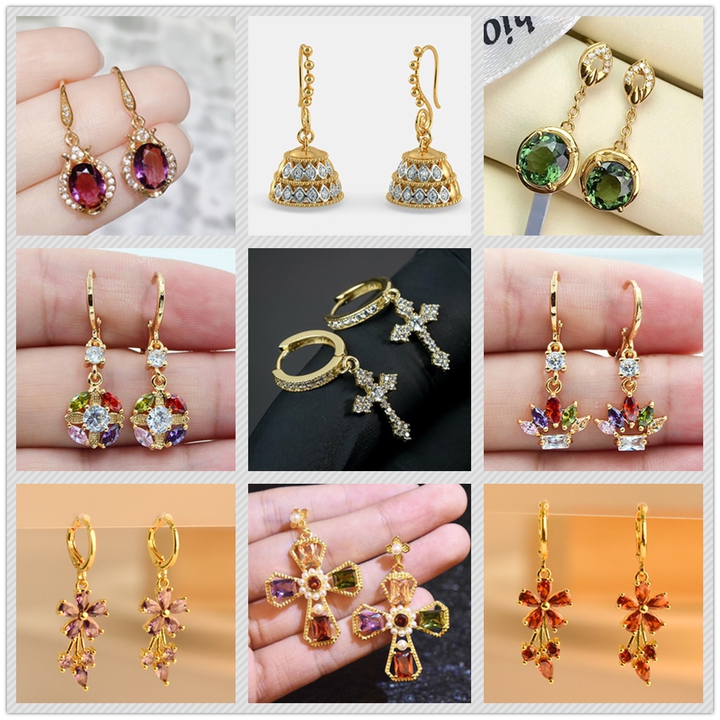 Anting Berlian Zirkon Topaz Putih Pelangi Geometris Bahan Stainless Steel Untuk Aksesoris Wanita