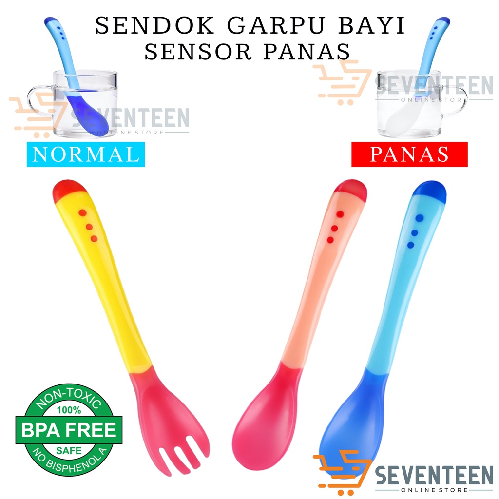 SEVENTEEN SENDOK MAKAN BAYI SILIKON SENSOR SUHU PANAS SENDOK GARPU BAYI LENTUR BPA FREE GARPU MAKAN BAYI SILIKON