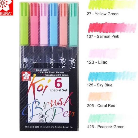 

Ready Stock Sakura koi coloring brush pen set pastel 6 warna ....
