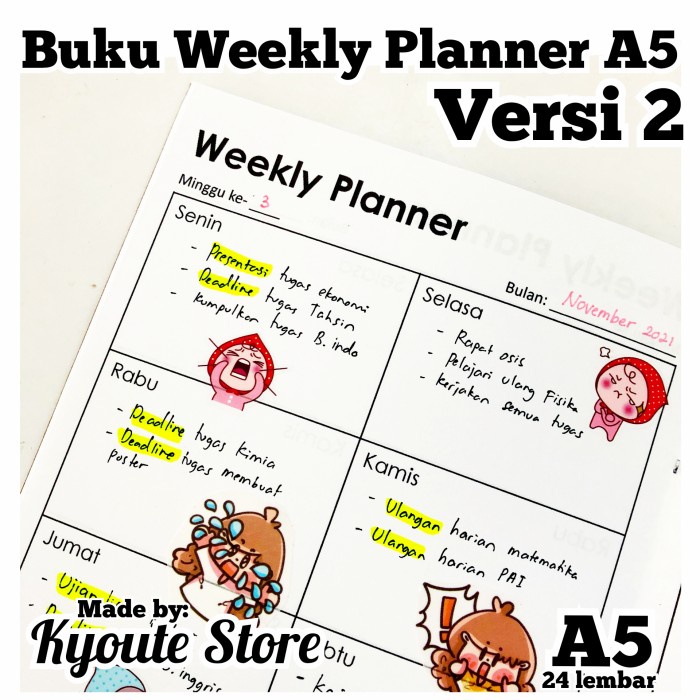 

Lucu Buku My Weekly Planner A5 Kyoute Versi 2 Perencanaan Agenda Schedule Promo