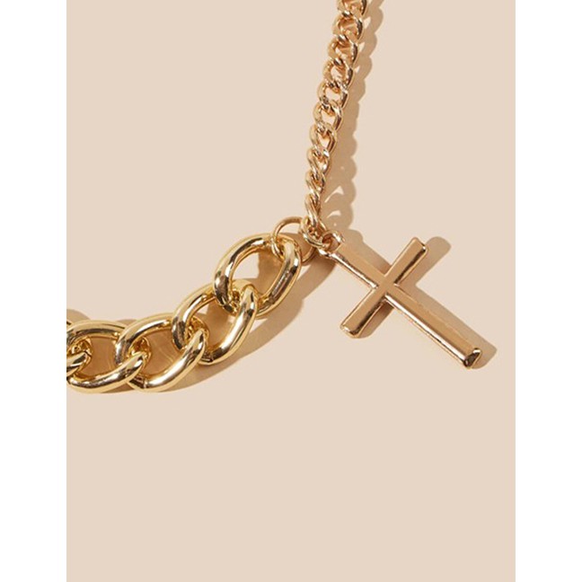 LRC Kalung Fashion Golden Cross Stitching Thick Chain Alloy Necklace K25128