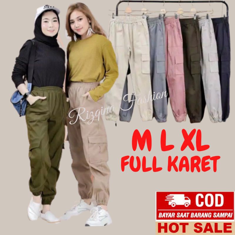 [M L XL] CELANA CARGO WANITA JOGER FULL KARET