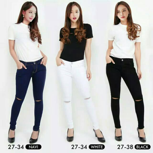 Ripped jeans celana softjeans skinny wanita sobek lutut