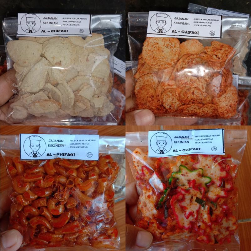 

kerupuk seblak, makaroni pedas, basreng ori, basreng pedas