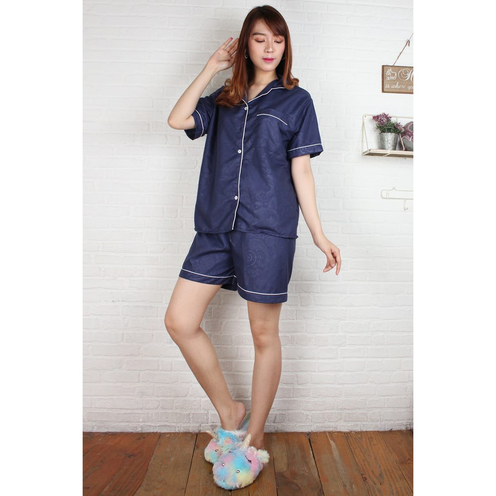 Fortglass PP Piyama Saten Sleepwear Stelan Baju Tidur Lengan Pendek Celana Pendek Satin Embos