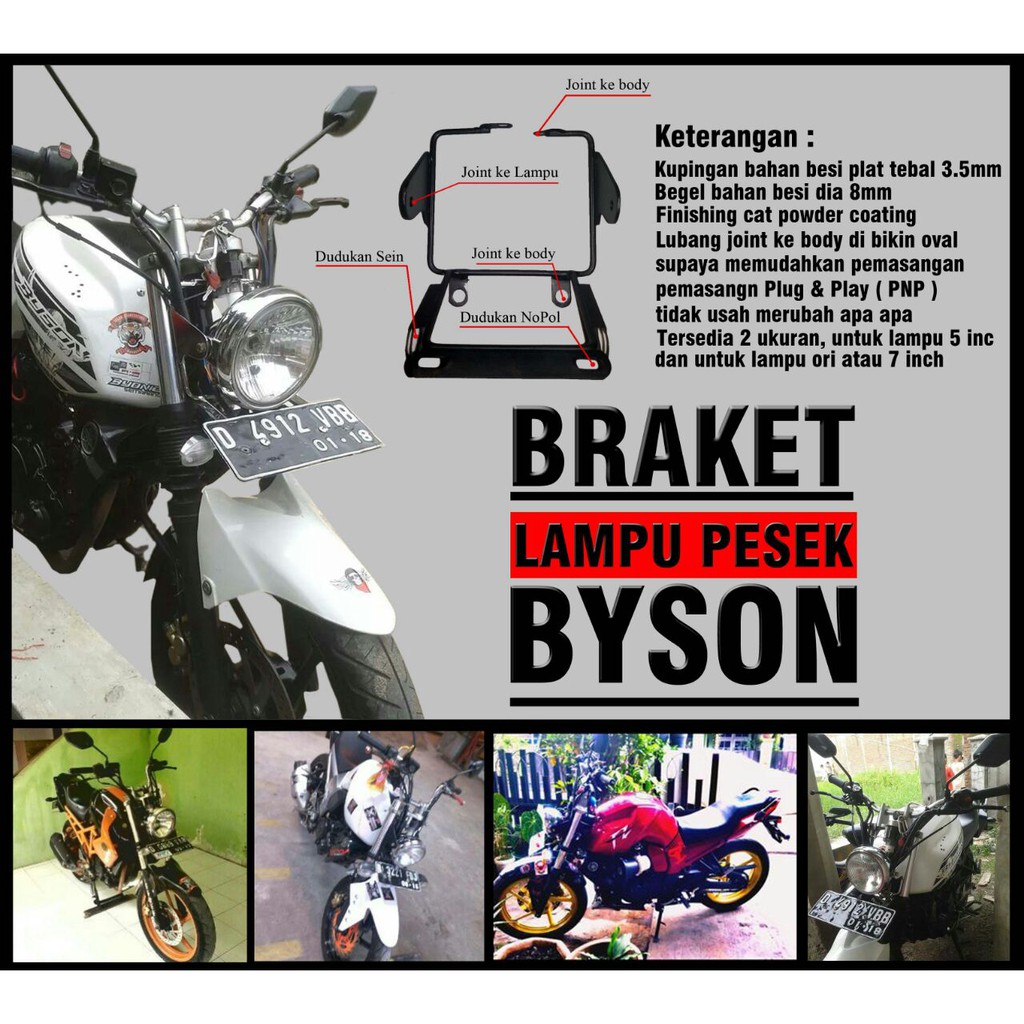 Braket Lampu Pesek Byson Dudukan Lampu Depan Motor Byson 7 inchi BONUS Stiker