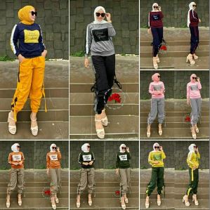 SET HILDA BAJU SETELAN HIJAB MUSLIM WANITA MODIS MURAH CELANA CARGO SWEATER DNCIJ HILYA