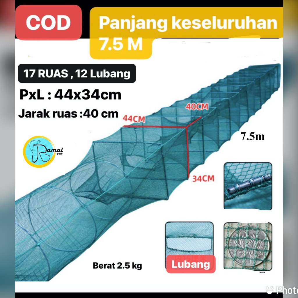 Jaring Bubu Naga Perangkap Udang Ikan Lipat Portable 17 Ruas 7,5 Meter