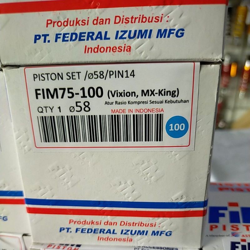 PISTON SEHER KIT SET FIM 75 ukuran 57 57,5 58 58,5 59 59,5 60 mm pen pin 14 mm vixion mx king r15-OS 100 ( 58MM)