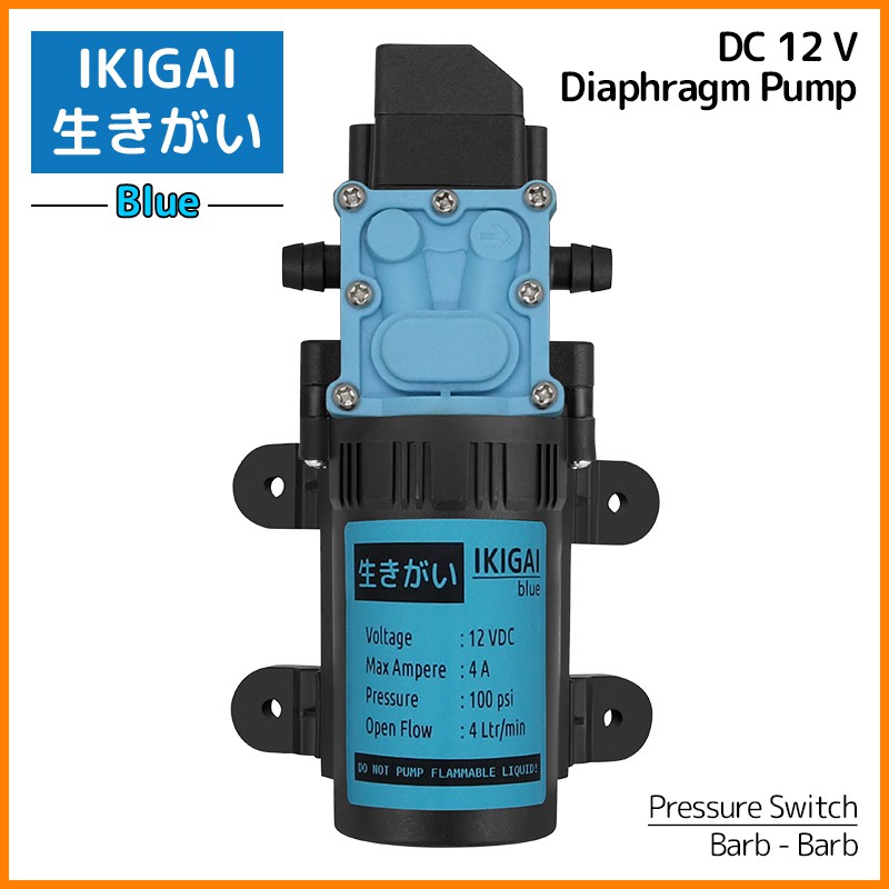 Diaphragm Pump Ikigai Blue , DC 12 V, 48 Watt, 100 Psi, 4 L/min, Pressure Switch, Barb-barb