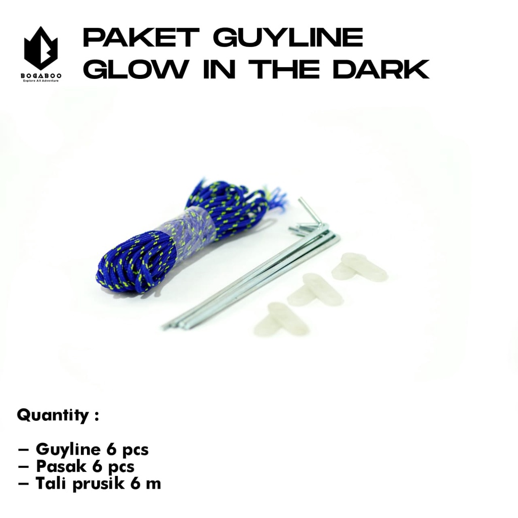 Bisa (COD) Paket Guyline Tebal 6 Pcs + Tali prusik 6 M +Pasak 6 pcs - Glow In The Dark ( Untuk Pengatur Tali Tenda/Flysheet )