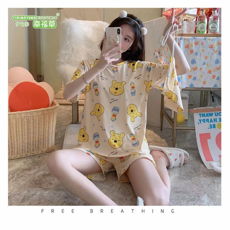 SET BAJU TIDUR WANITA CELANA PENDEK DAPAT POUCH ALA KOREA