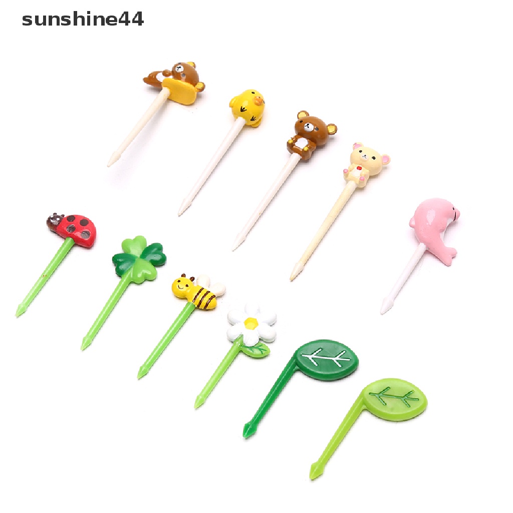 Sunshine 12PCS / set Garpu Buah / Snack Mini Bentuk Kartun Hewan / Tanaman Untuk Anak