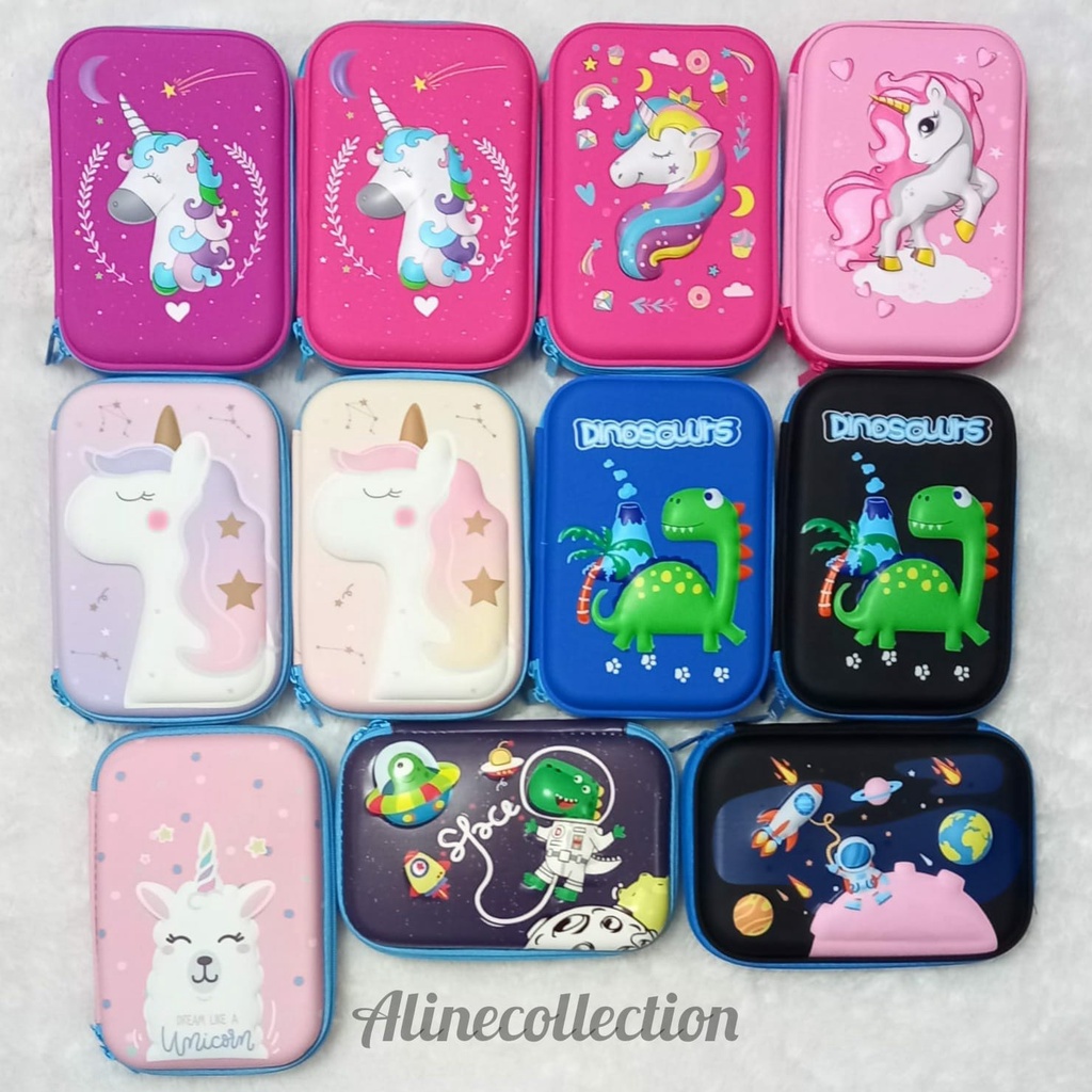 COD, ready: Tempat pensil kotak pensil 3D Unicorn Hardtop Pencil Case tempat pensil mermaid