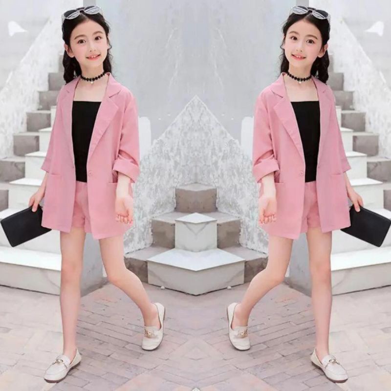 Setelan Baju Anak Perempuan Umur 4 5 6 7 Tahun-Set Jas Blaser Anak Cewek Korea Style 3in1 Terbaru
