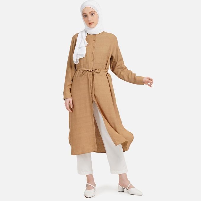 QUEENSLAND KEMEJA TUNIK WANITA FASHION MUSLIM LIN000076Q COKELAT DFGD65465