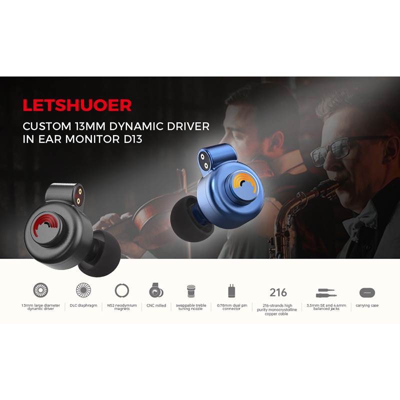 Letshuoer D13 earphone in ear DLC Diafragma 13mm driver IEM moving coil Untuk Shouer S12