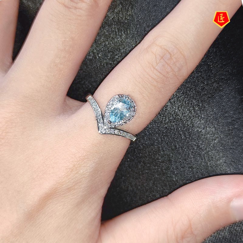 [Ready Stock]Natural Blue Topaz Olivine Crown Ring