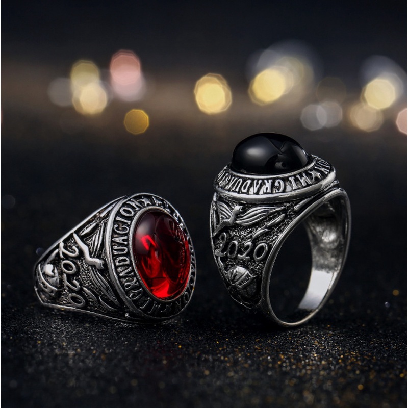 Cincin Batu Merah Raven Dan Wolf Never Fade Rune Bahan Stainless Steel Untuk Pria