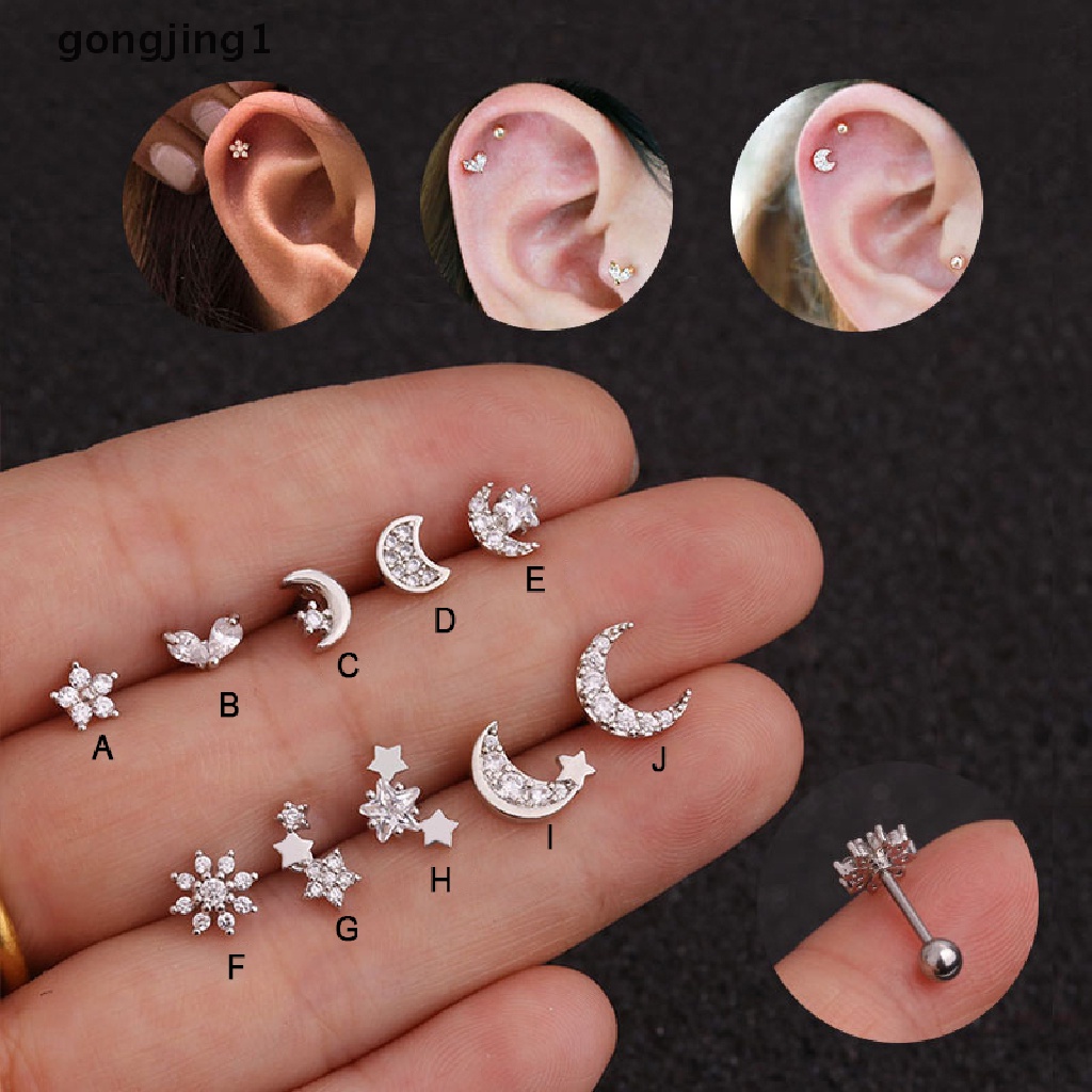 Anting Stud Kristal Berlian Imitasi Bentuk Bulan Matahari Helix Cartilage Body Piercing