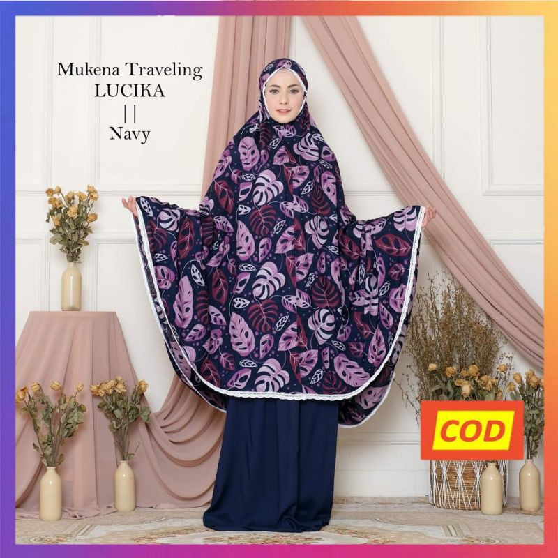 Raszi Official Mukena Traveling Dewasa Katun Rayon Premium Warna Navy Motif Janda Bolong Free Tas